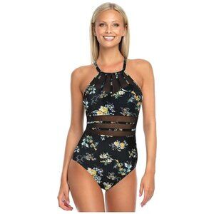 RELLECIGA High Neck Mesh Splicing One Piece Swimsuit Black Floral S NWOT